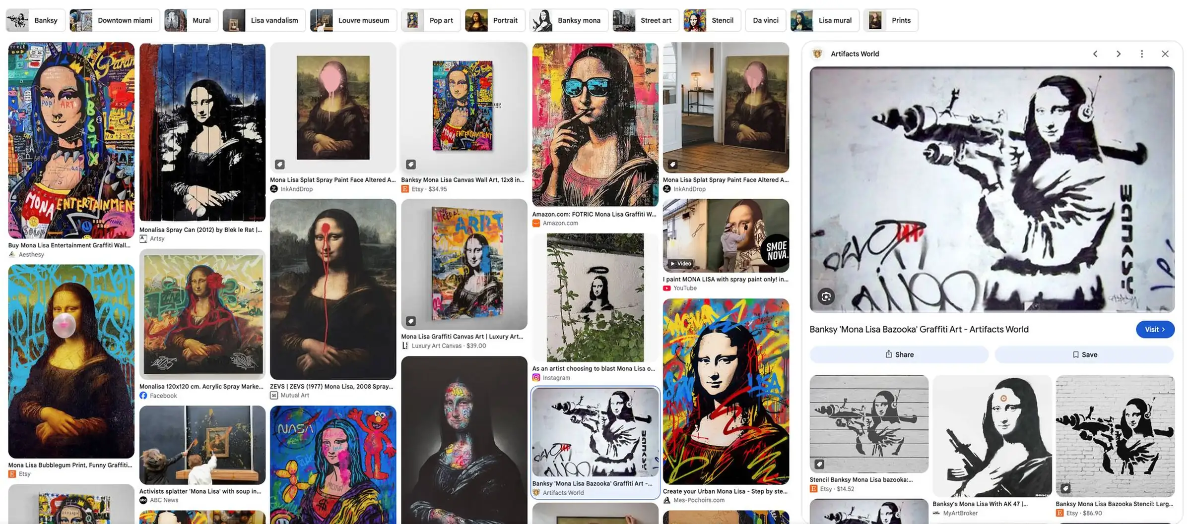 Screenshot of an image search for the Mona Lisa: dozens of graffiti, stencil and pop-art versions, Banksy’s Mona Lisa with a bazooka among them, all with the same face