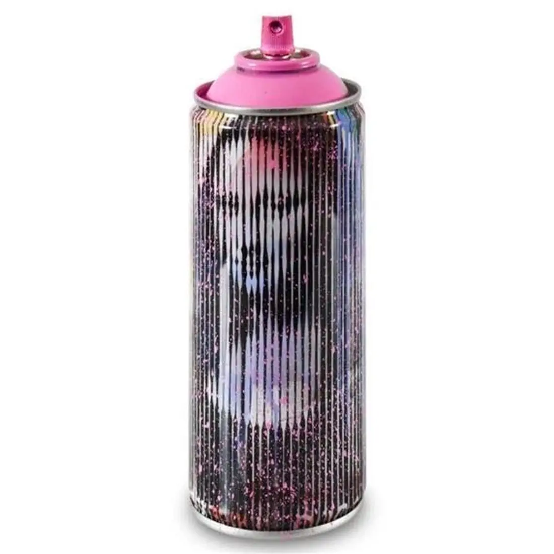 A spray can painted with a ghostly, striped Mona Lisa, flecked with pink, with a pink cap