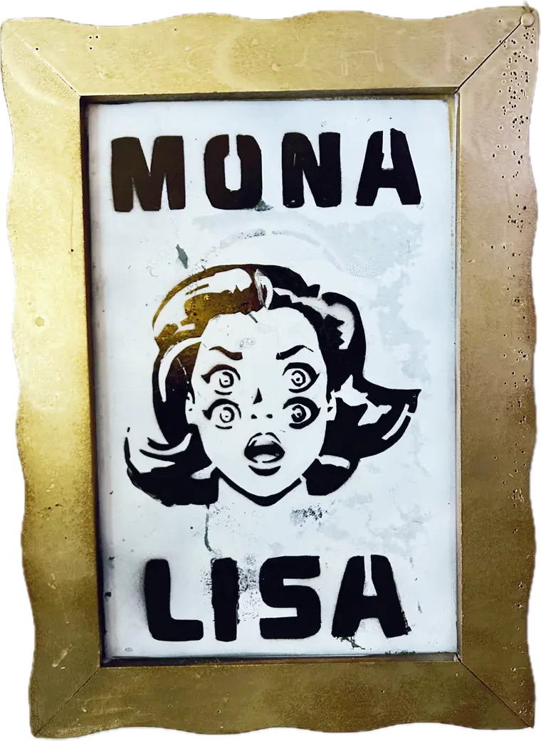 A New Mona: a stenciled comic-book woman with four startled eyes, MONA above her and LISA below, in a wavy gold frame